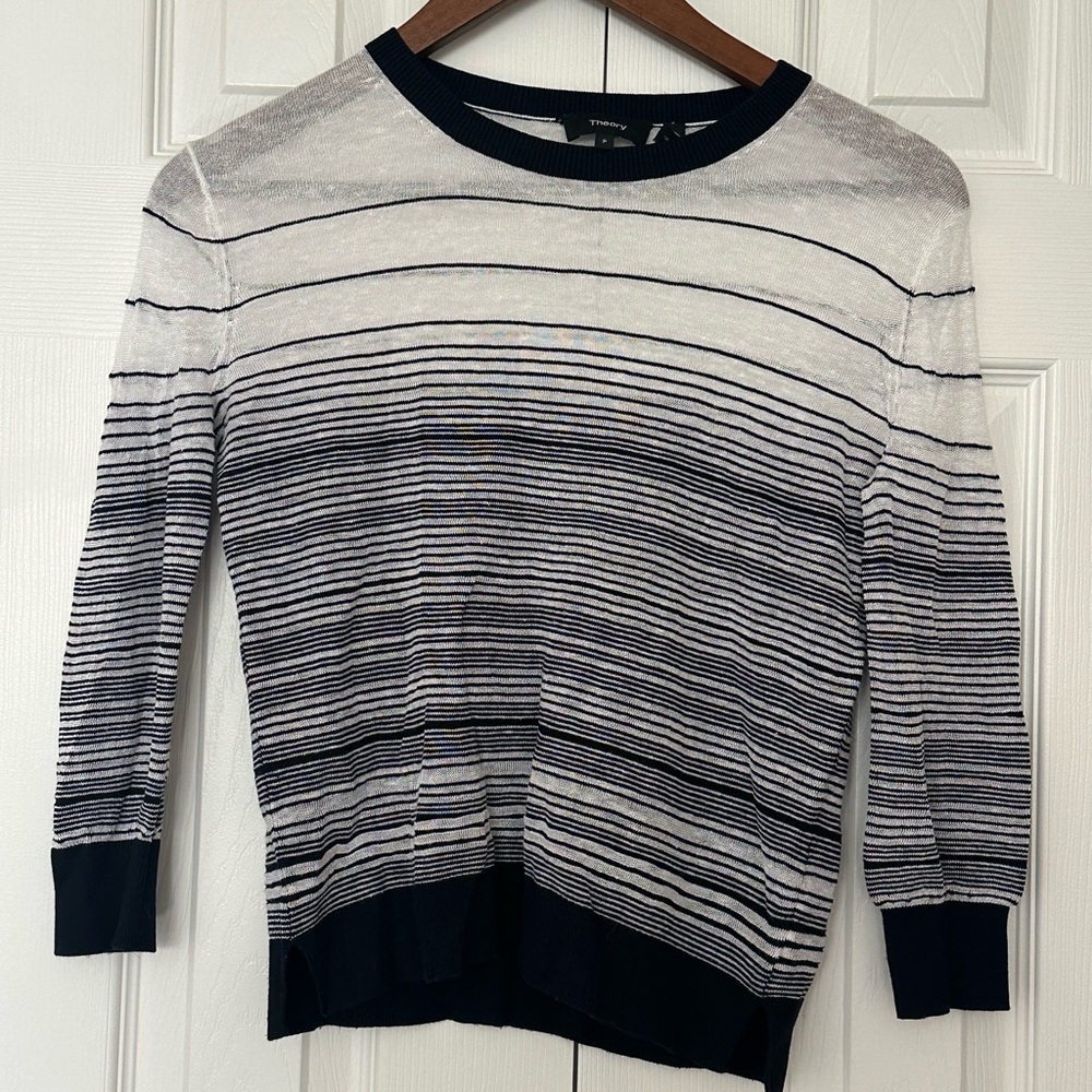 Theory Women Knitted Top-3/4 Sleeves- Dark Blue&White